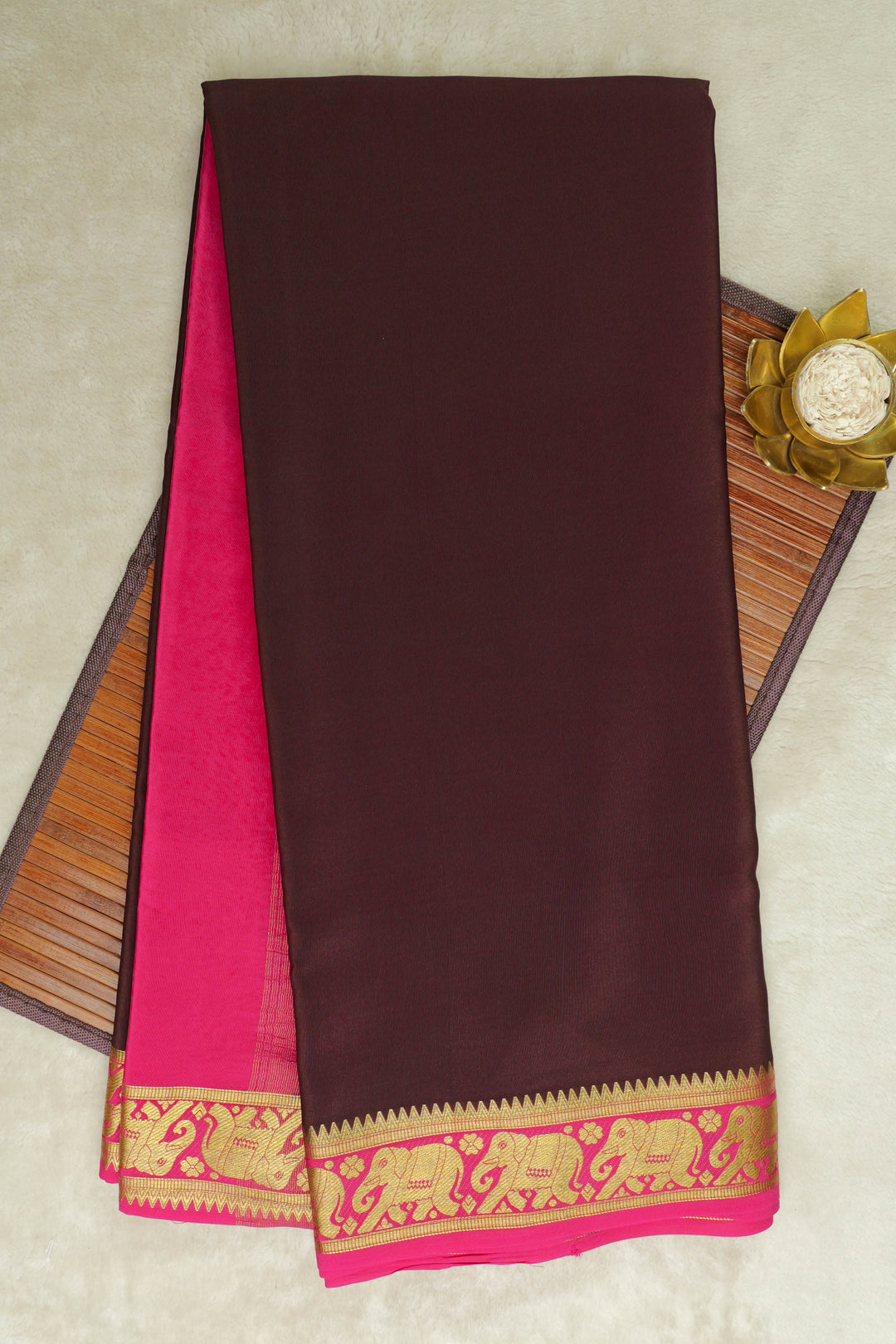 Elephant bordered pure traditional mysore silk sarees in brown