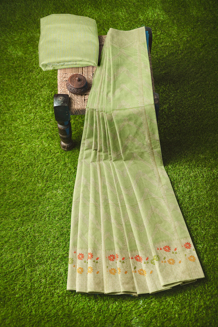 PASTEL GREEN COLOUR BLENDED BANARASI KATAN SONA RUPA ZARI HANDLOOM SAREE