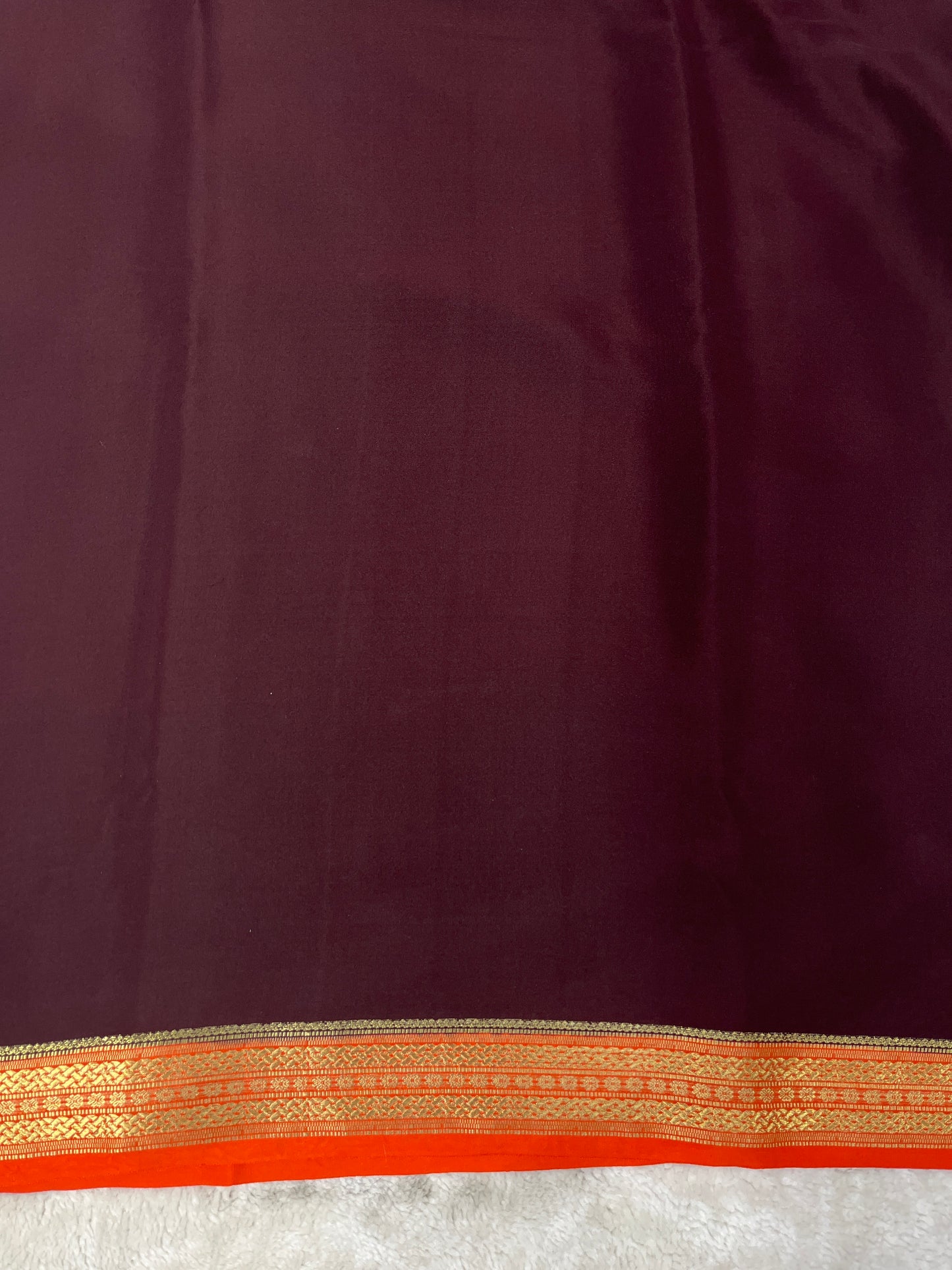 Pure Zari Mysore Silk Saree Floral Gatti Border In Brown With Orange Contrast Color Blouse