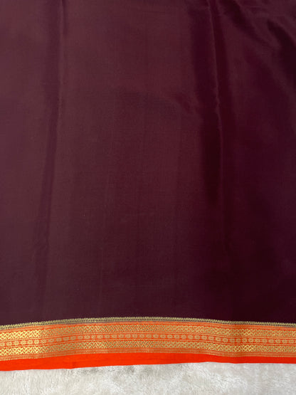 Pure Zari Mysore Silk Saree Floral Gatti Border In Brown With Orange Contrast Color Blouse