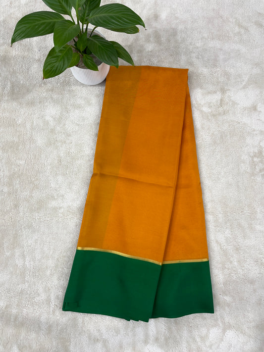 Pure Zari Mysore Silk Saree Bentex Border In Yellow With Green Contrast Color