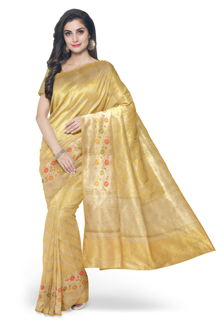 CREAMISH COLOUR BLENDED BANARASI KATAN SONA RUPA ZARI HANDLOOM SAREE