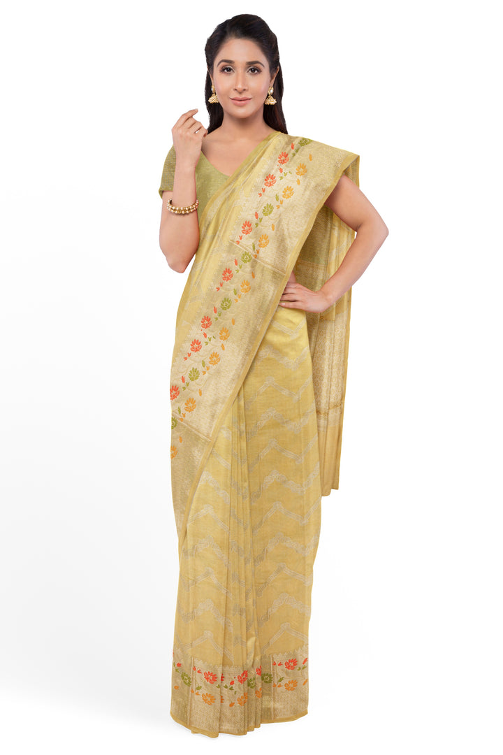 CREAMISH COLOUR BLENDED BANARASI KATAN SONA RUPA ZARI HANDLOOM SAREE