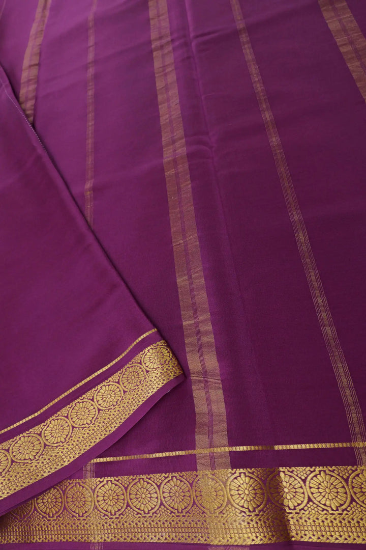 Flower Border Pure Mysore Silk Saree in Orange and Purple Color