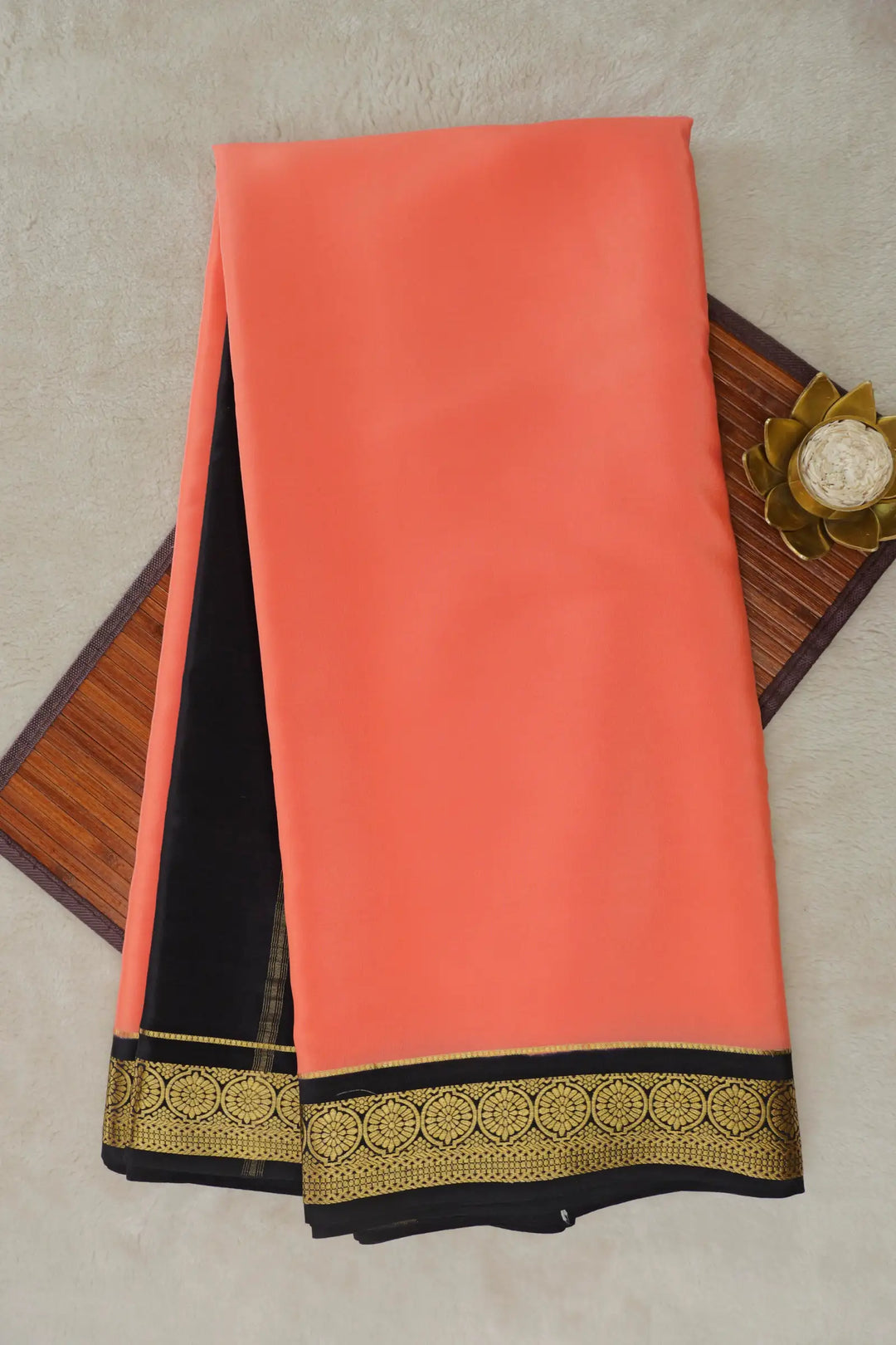 Flower Border Pure Mysore Silk Saree in Peach and Black Color 