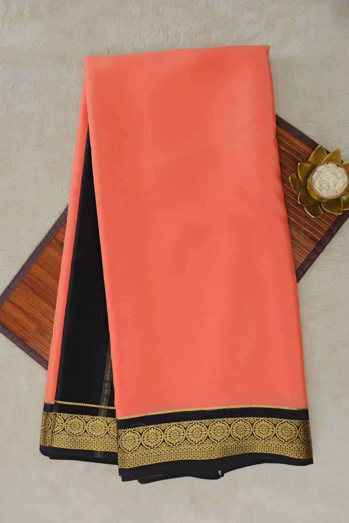 Flower Border Pure Mysore Silk Saree in Peach and Black Color 