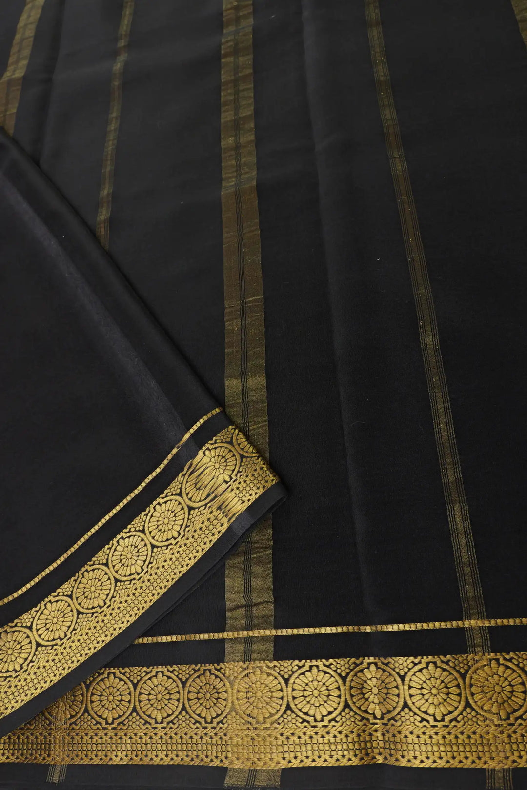 Flower Border Pure Mysore Silk Saree in Pink and Black Color