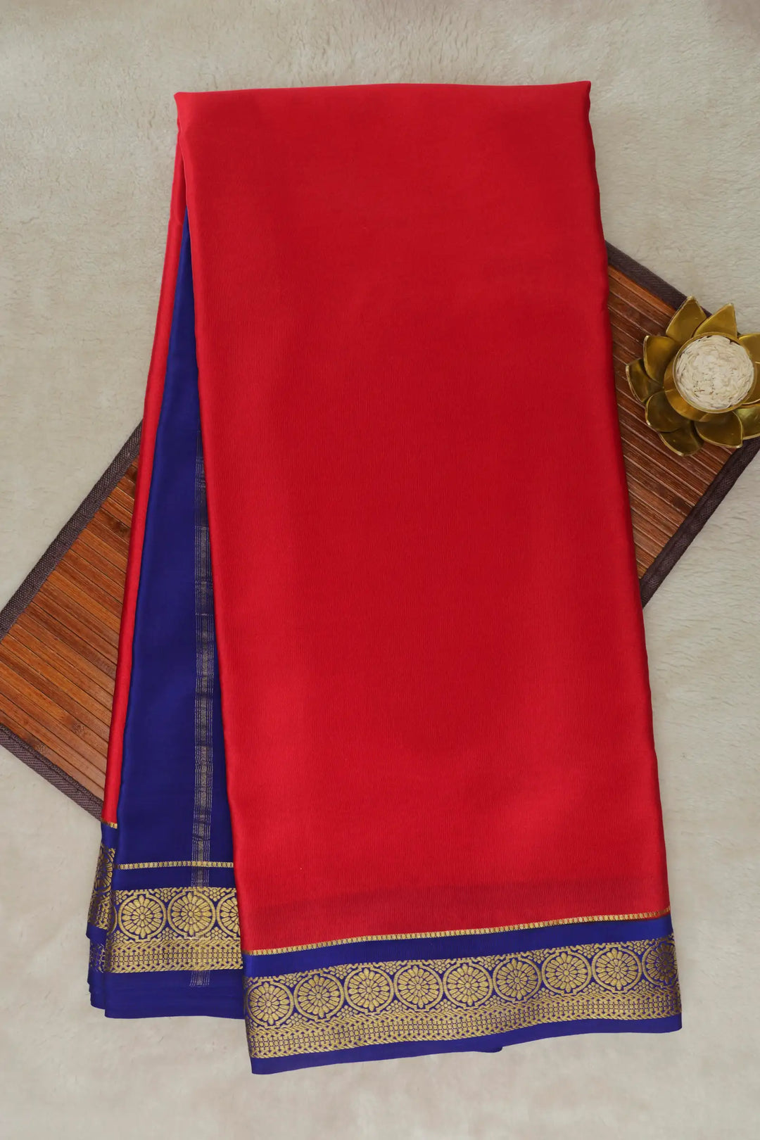 Flower Border Pure Mysore Silk Saree in Red and Blue Color