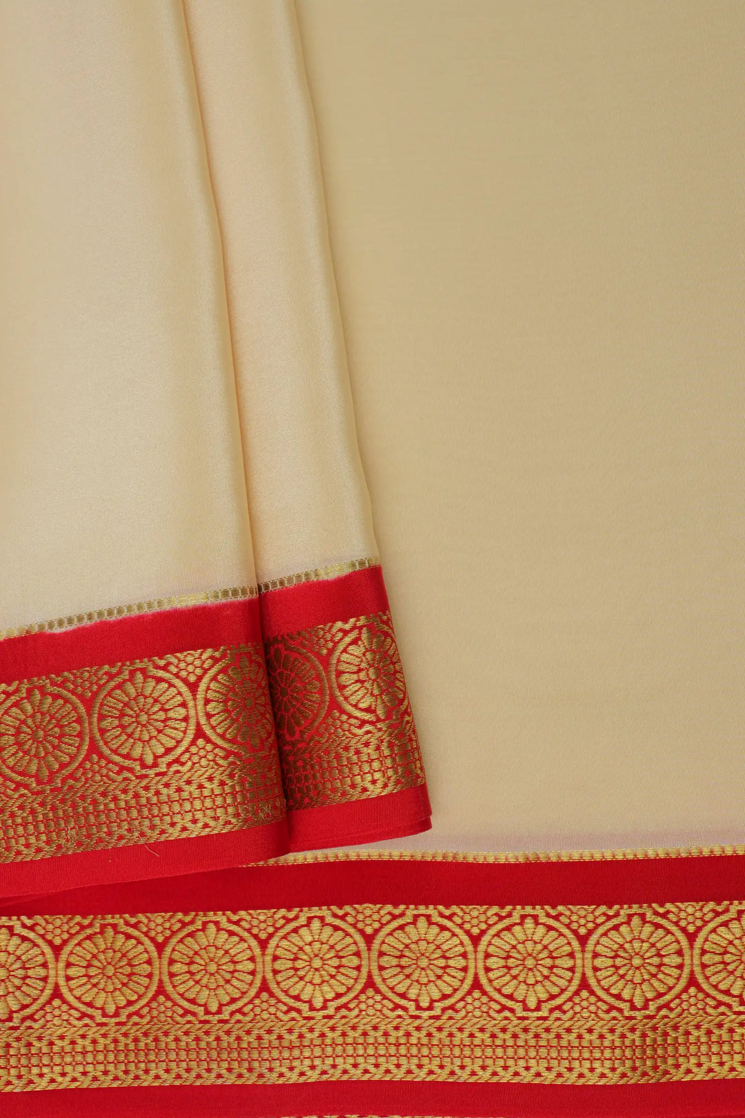 Flower Border Pure Mysore Silk Saree in White and Red Color with Contrast Red Color Blouse