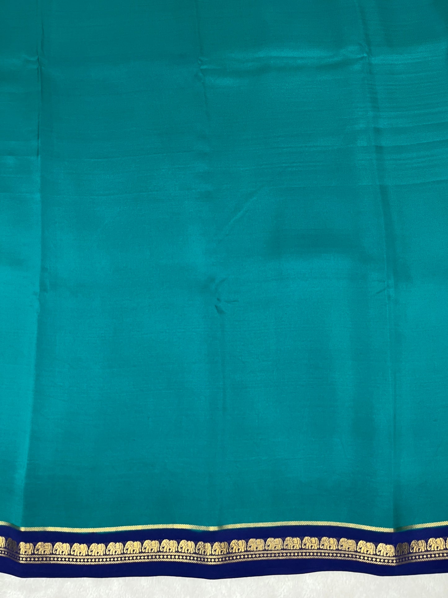 Pure Zari Mysore Silk Saree Elephant Border In Peacock Green With Navy Blue Contrast Color Blouse