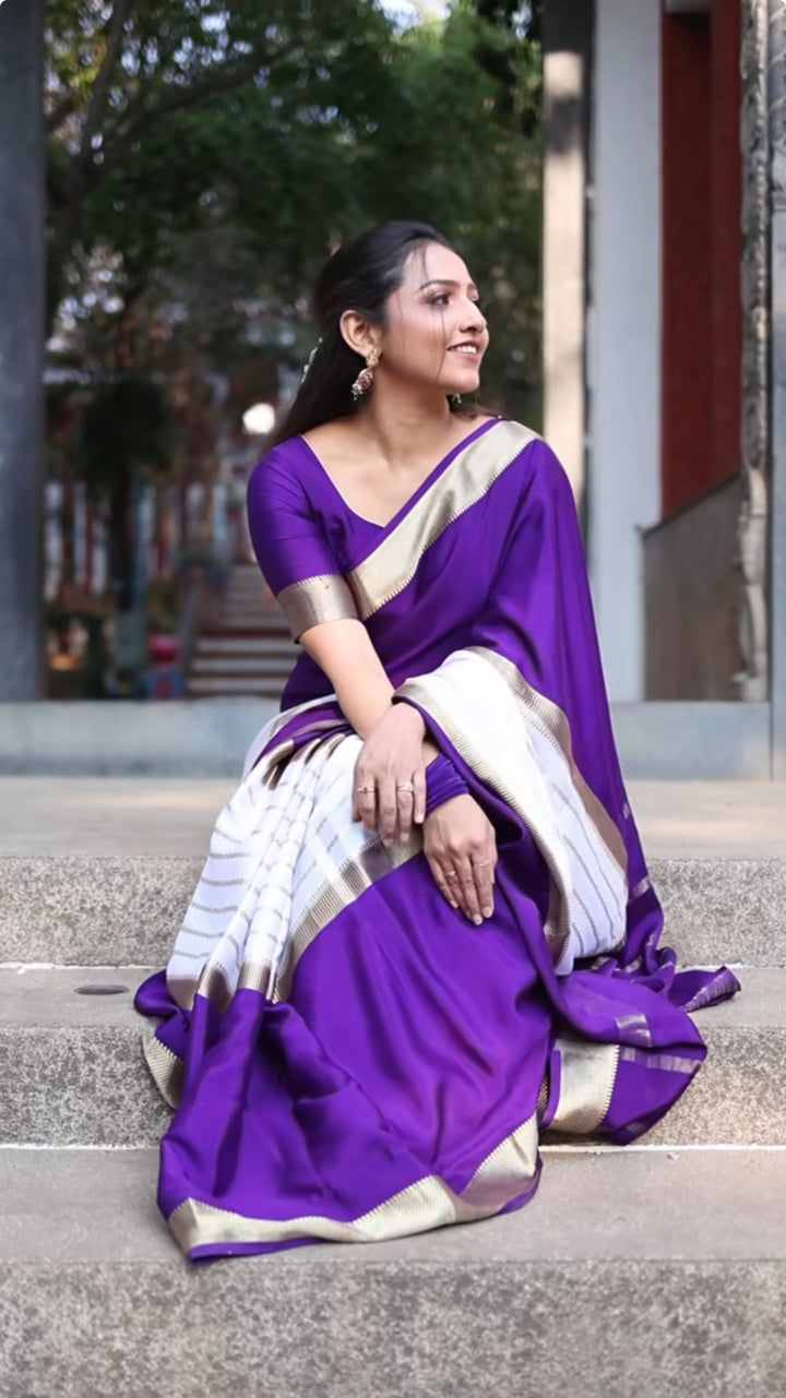 Purple & white Pure crepe Mysore silk saree