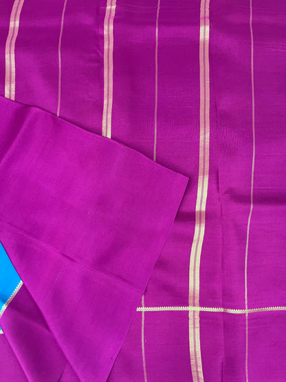 Pure Zari Mysore Silk Saree Bentex Border In Blue With Pink Contrast Color