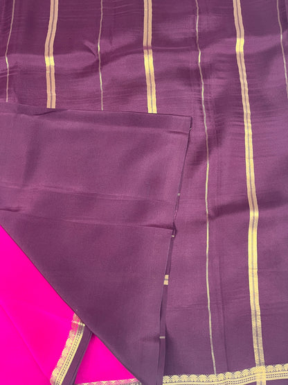 Pure Zari Mysore Silk Saree Two Mango Border In Pink With Brown Contrast Color Blouse
