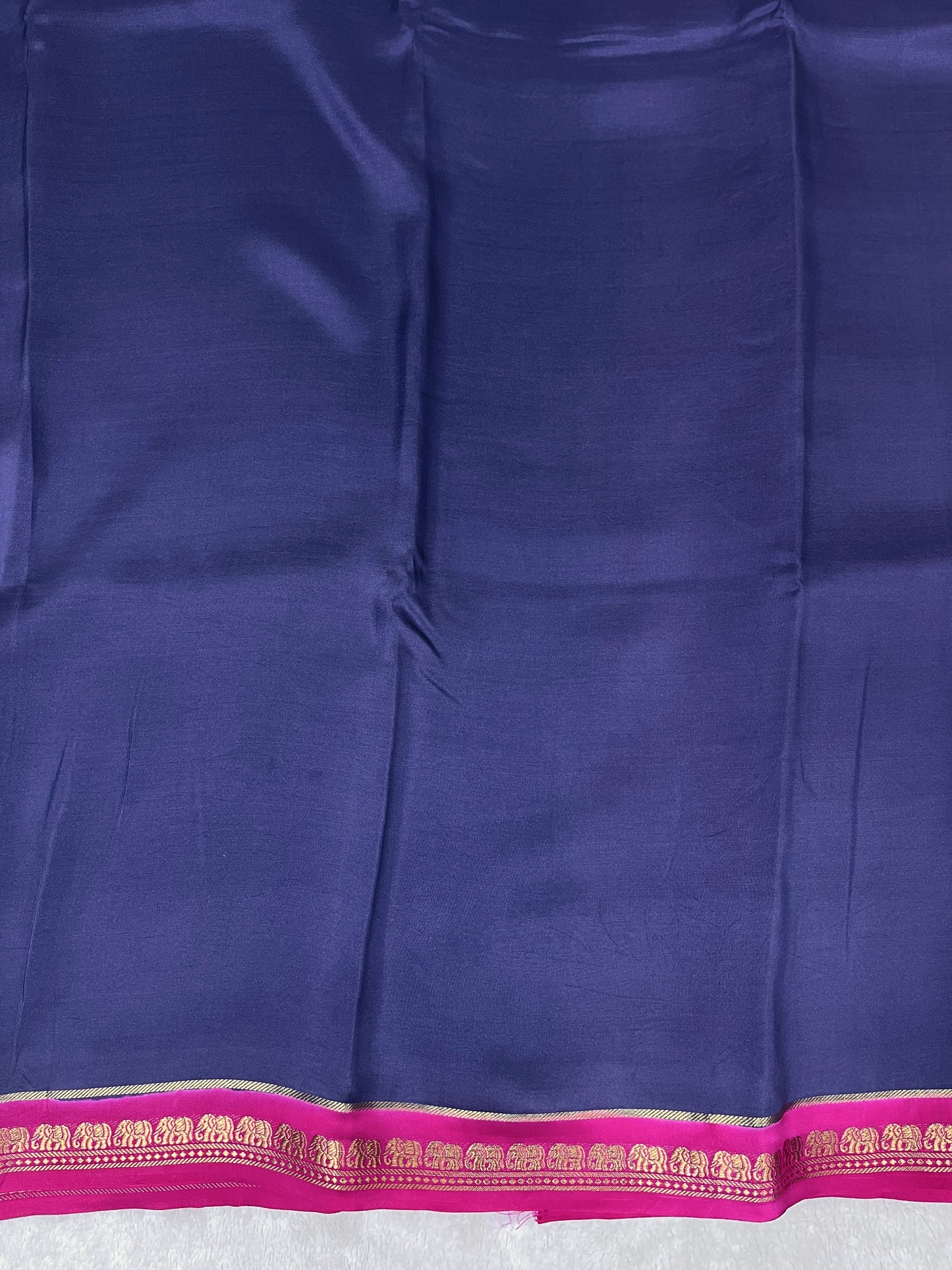 Pure Zari Mysore Silk Saree Elephant Border In Navy Blue With Pink Contrast Color Blouse