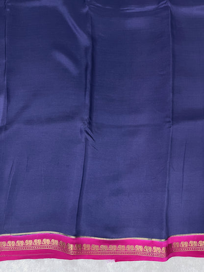 Pure Zari Mysore Silk Saree Elephant Border In Navy Blue With Pink Contrast Color Blouse