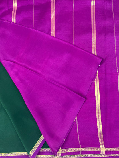 Pure Zari Mysore Silk Saree Half Inch Border In Green With Pink Contrast Color Blouse