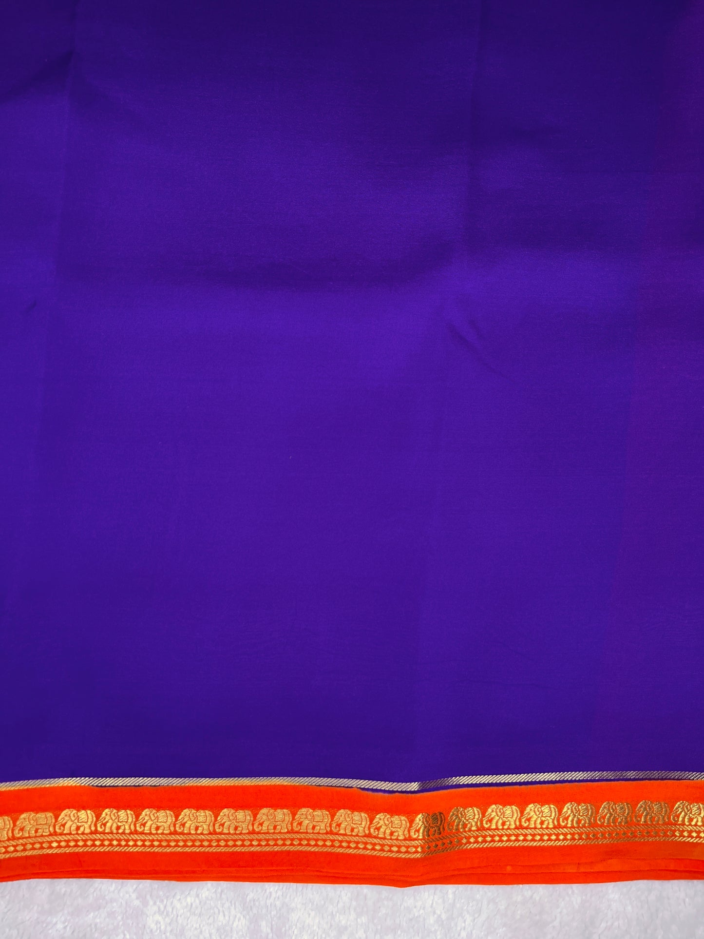 Pure Zari Mysore Silk Saree Elephant Border In Violet With Orange Contrast Color Blouse