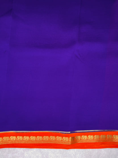 Pure Zari Mysore Silk Saree Elephant Border In Violet With Orange Contrast Color Blouse