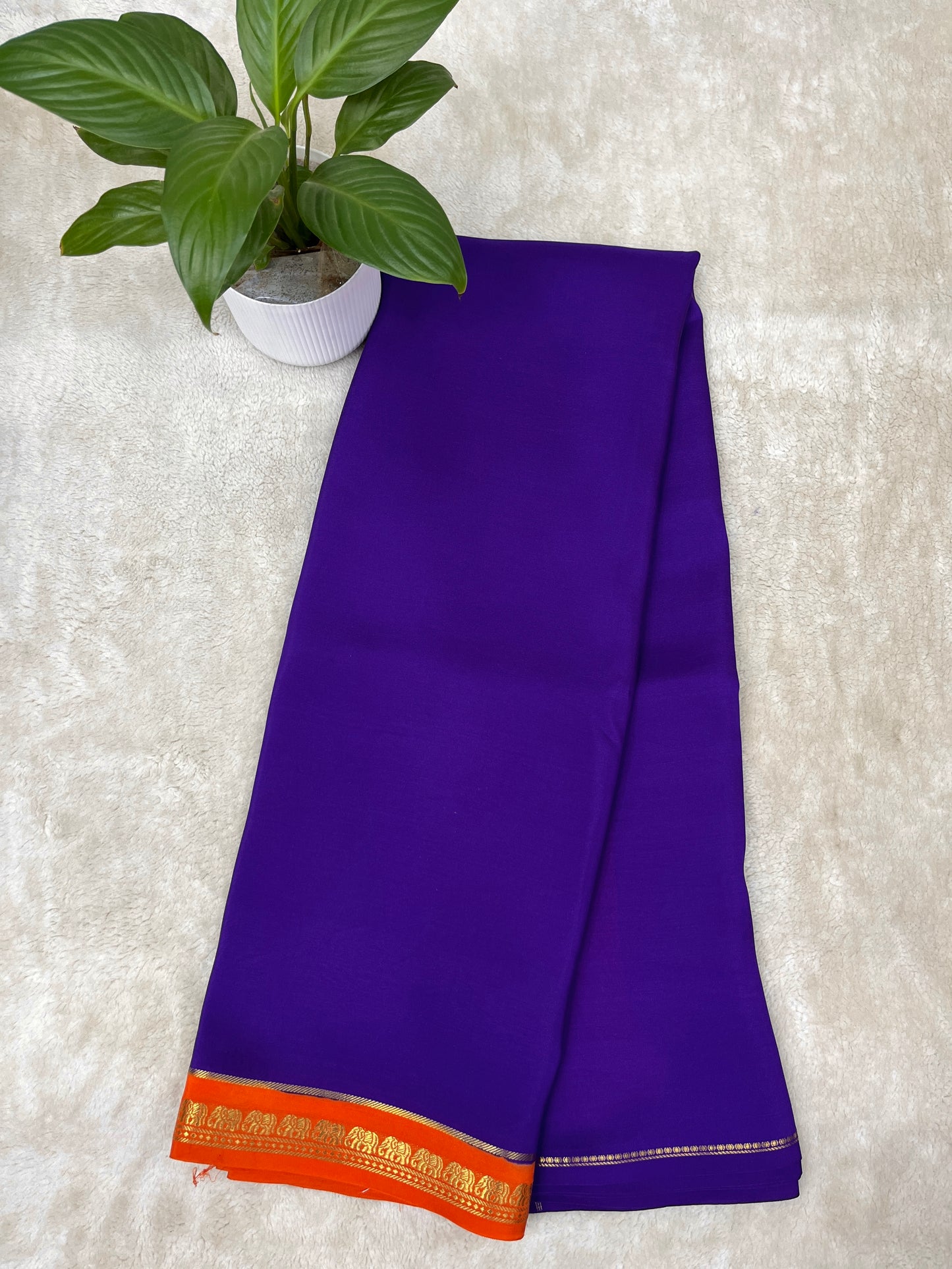 Pure Zari Mysore Silk Saree Elephant Border In Violet With Orange Contrast Color Blouse