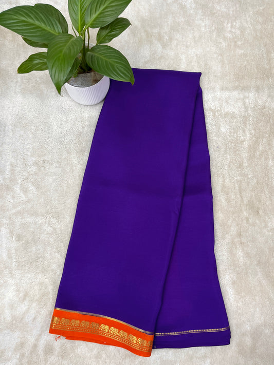 Pure Zari Mysore Silk Saree Elephant Border In Violet With Orange Contrast Color Blouse