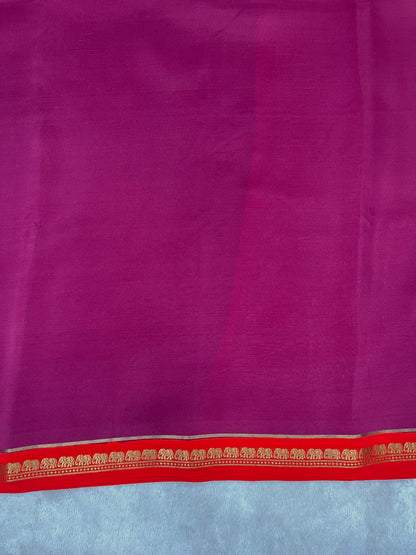 Pure Zari Mysore Silk Saree Elephant Border In Wine With Orange Contrast Color Blouse