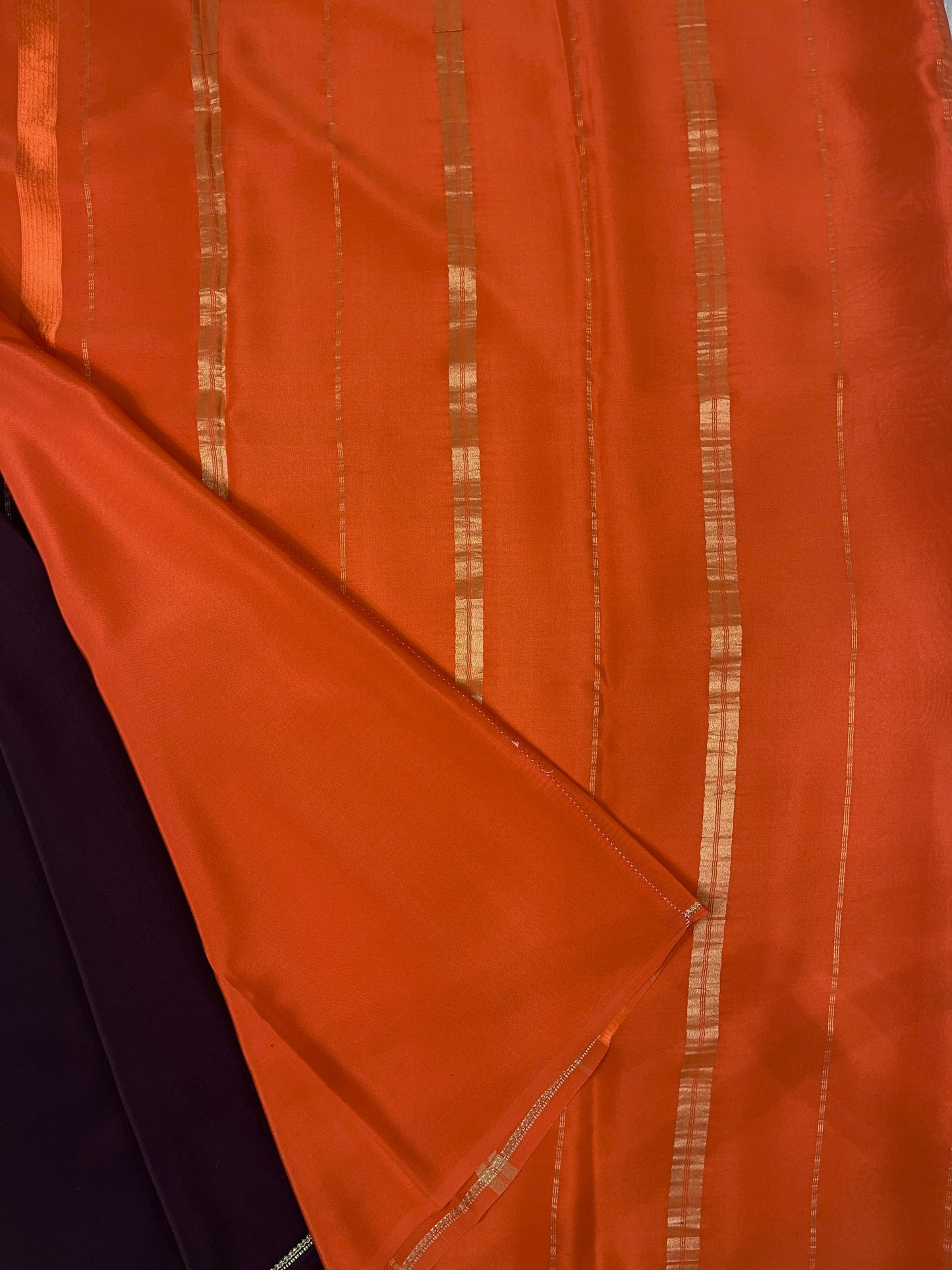 Pure Zari Mysore Silk Saree Floral Gatti Border In Brown With Orange Contrast Color Blouse