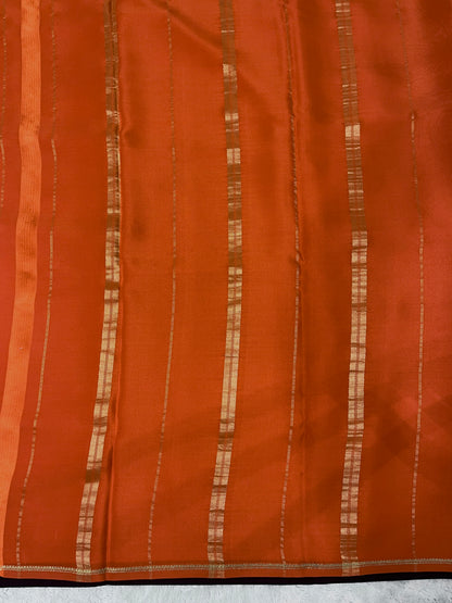 Pure Zari Mysore Silk Saree Floral Gatti Border In Brown With Orange Contrast Color Blouse