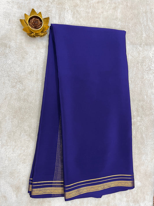 Two Line One Inch Border in Gold Lace Mysore silk saree In Self Navy Blue Color
