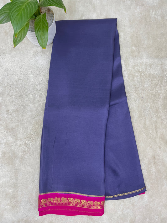 Pure Zari Mysore Silk Saree Elephant Border In Navy Blue With Pink Contrast Color Blouse