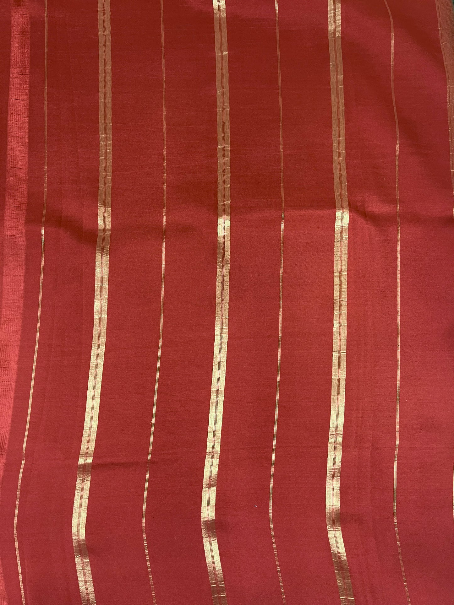 Pure Zari Mysore Silk Saree Elephant Border In Pink With Wine Contrast Color Blouse