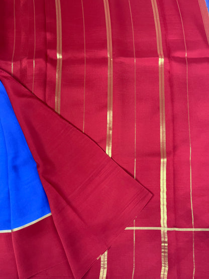 Pure Zari Mysore Silk Saree Bentex Border In Blue With Red Contrast Color