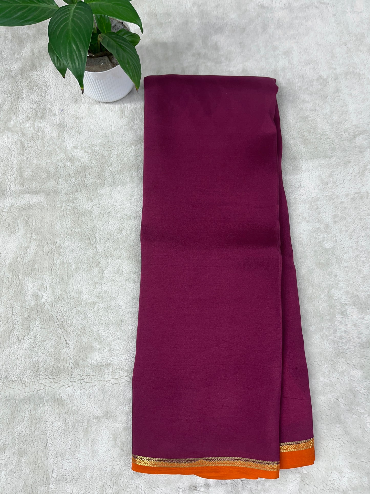 Pure Zari Mysore Silk Saree Half Inch Border In Wine With Orange Contrast Color Blouse