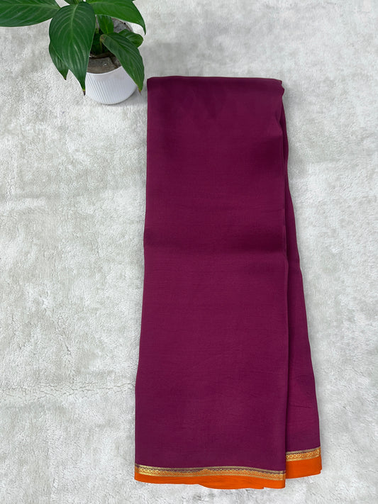 Pure Zari Mysore Silk Saree Half Inch Border In Wine With Orange Contrast Color Blouse