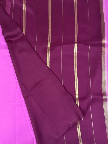 Pure Zari Mysore Silk Saree Elephant Border In Pink With Wine Contrast Color Blouse