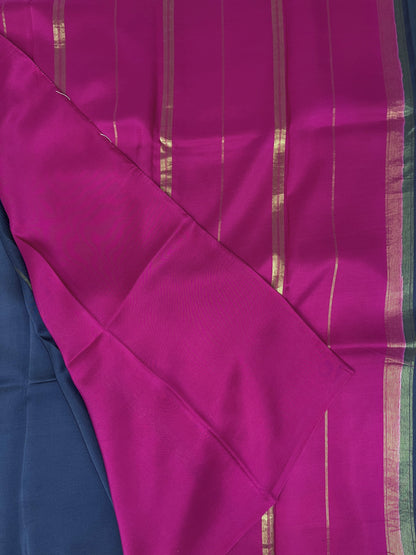 Pure Zari Mysore Silk Saree Elephant Border In Navy Blue With Pink Contrast Color Blouse