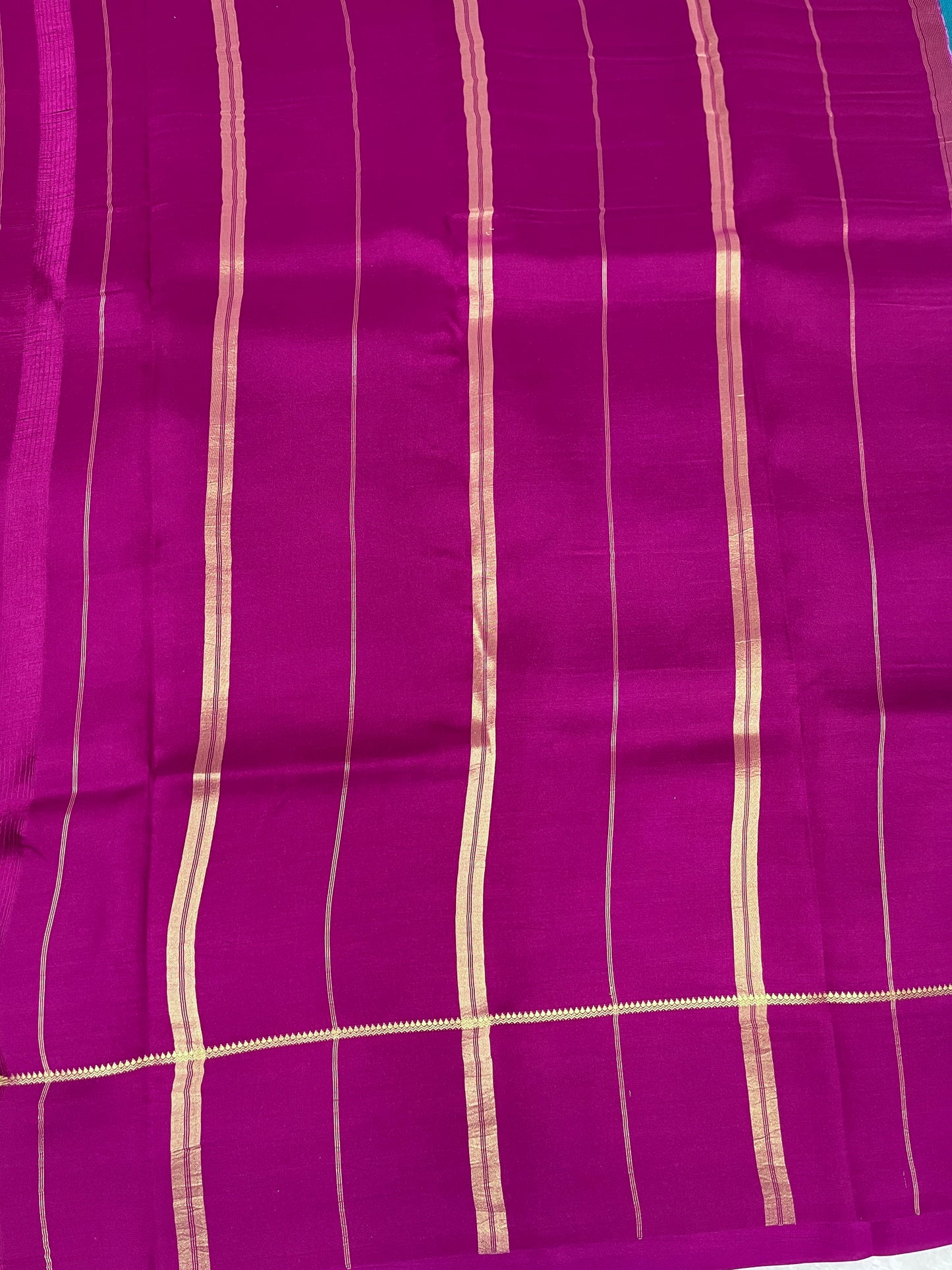 Pure Zari Mysore Silk Saree Bentex Border In Blue With Pink Contrast Color