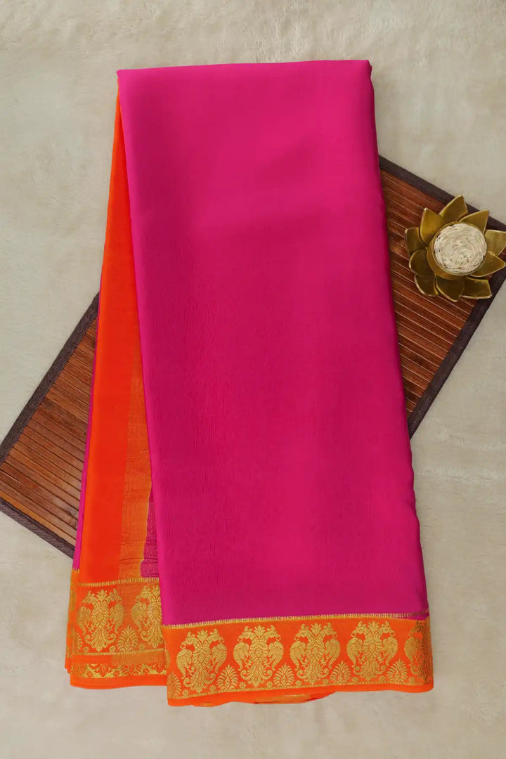 Gandaberunda Border Mysore Silk Sarees In Pink and Orange Color