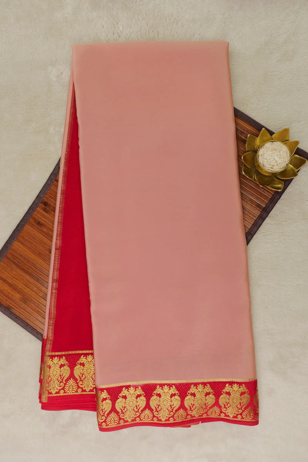 Gandaberunda Border Pure Mysore Silk Saree In Pink and Red Color