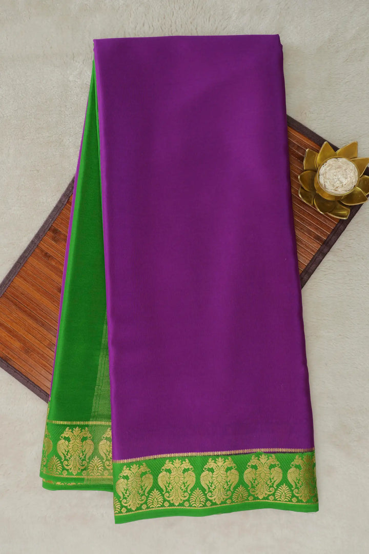 Gandaberunda Border Pure Mysore Silk Saree In Purple and Green Color 
