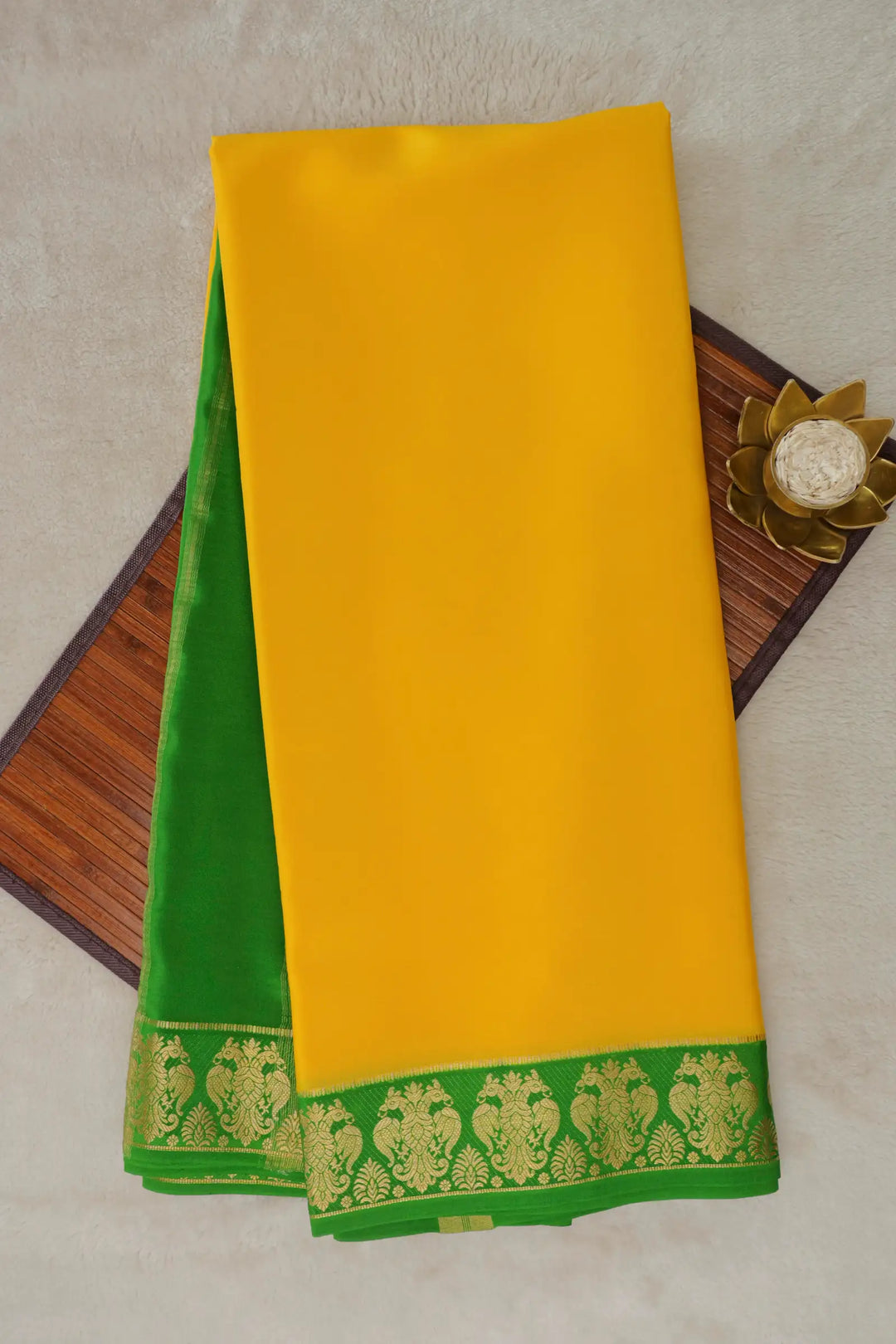 Gandaberunda Border Pure Mysore Silk Saree in Yellow and Green Color