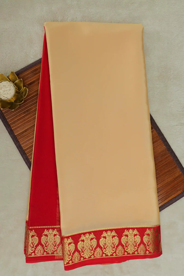 Gandaberunda bordered Mysore Silk Saree in Cream and Red
