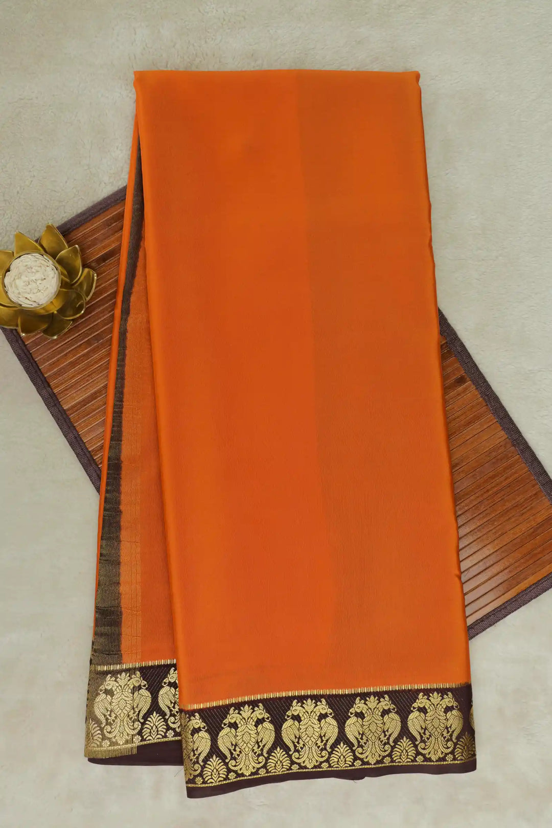 Gandaberunda design Mysore Silk Saree in Orange with Black Border