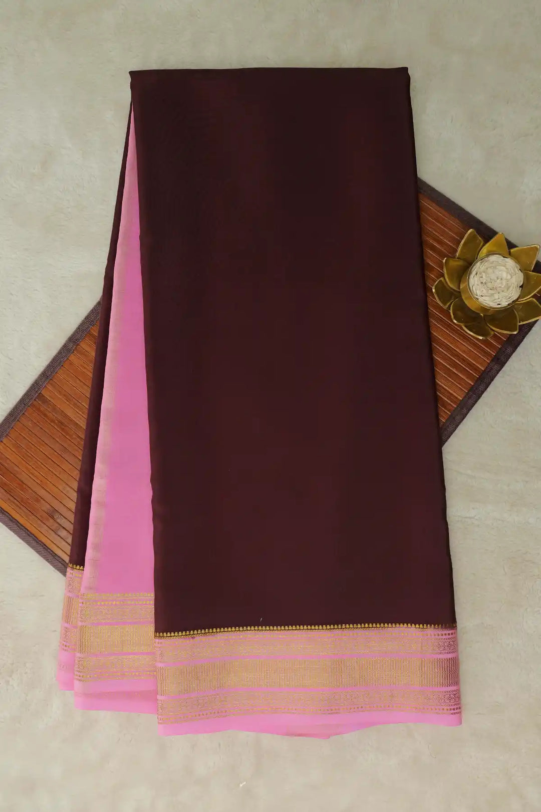 Gatti Border Pure Mysore Silk Saree in Brown and Pink Color