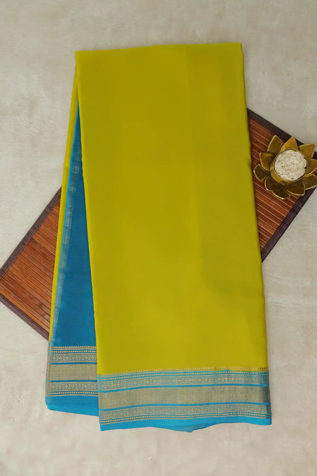 Gatti Border Pure Mysore Silk Saree in Green and Blue Color 