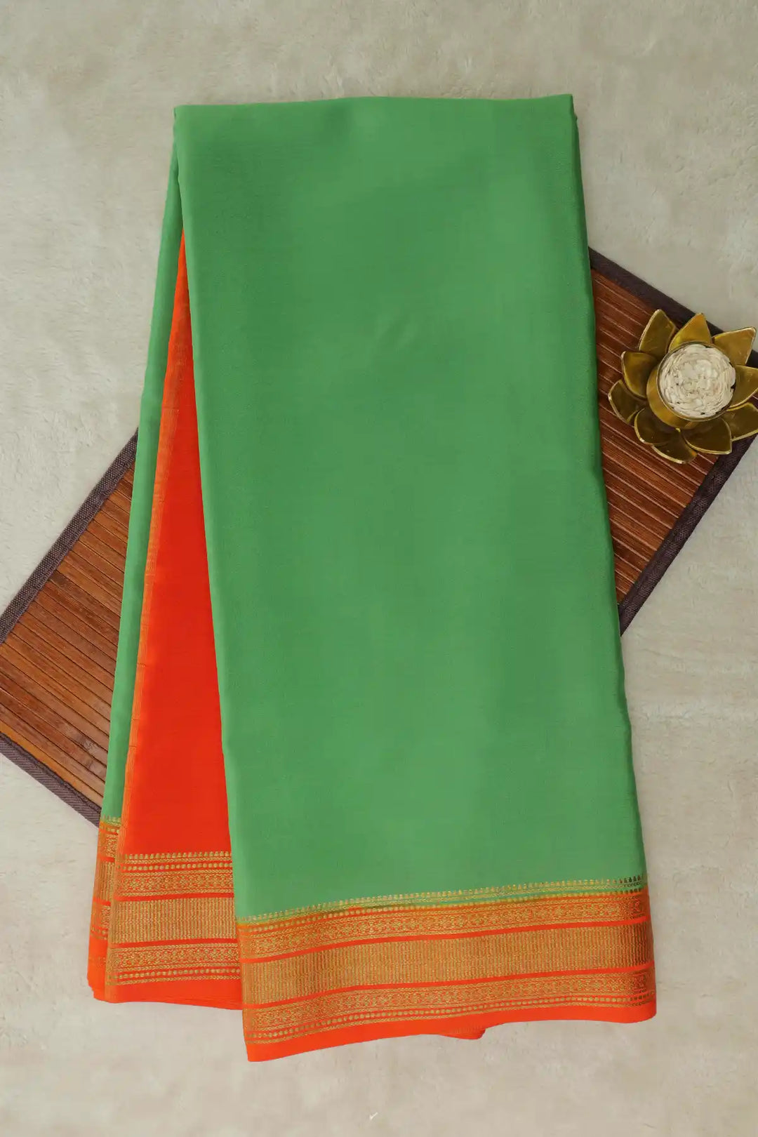 Gatti Border Pure Mysore Silk Saree in Green and Orange Color 