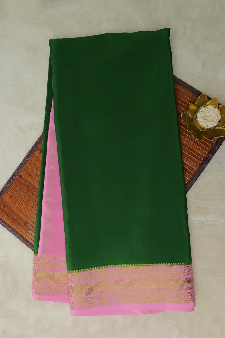 Gatti Border Pure Mysore Silk Saree in Green and Pink Color