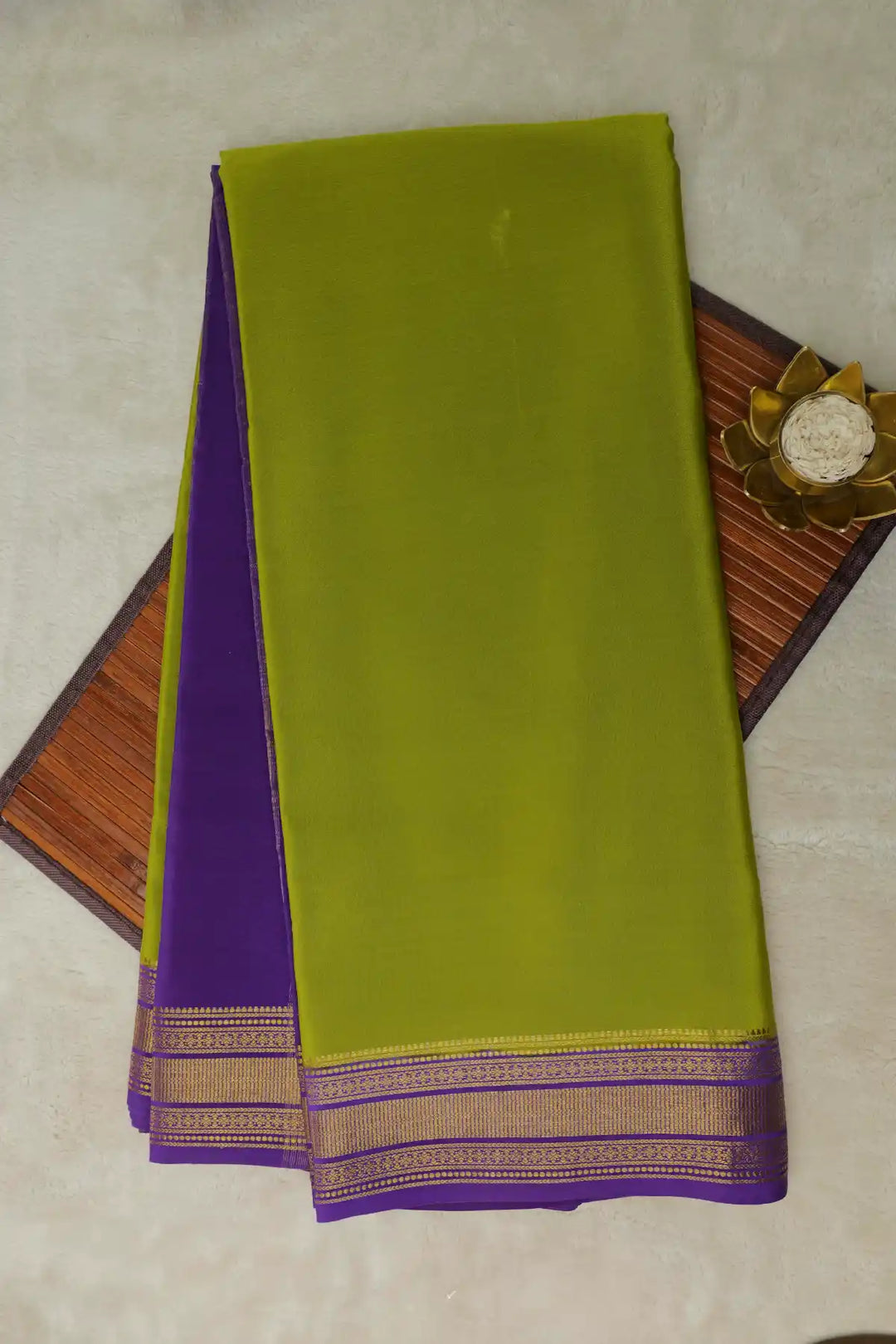 Gatti Border Pure Mysore Silk Saree in Green and Purple Color