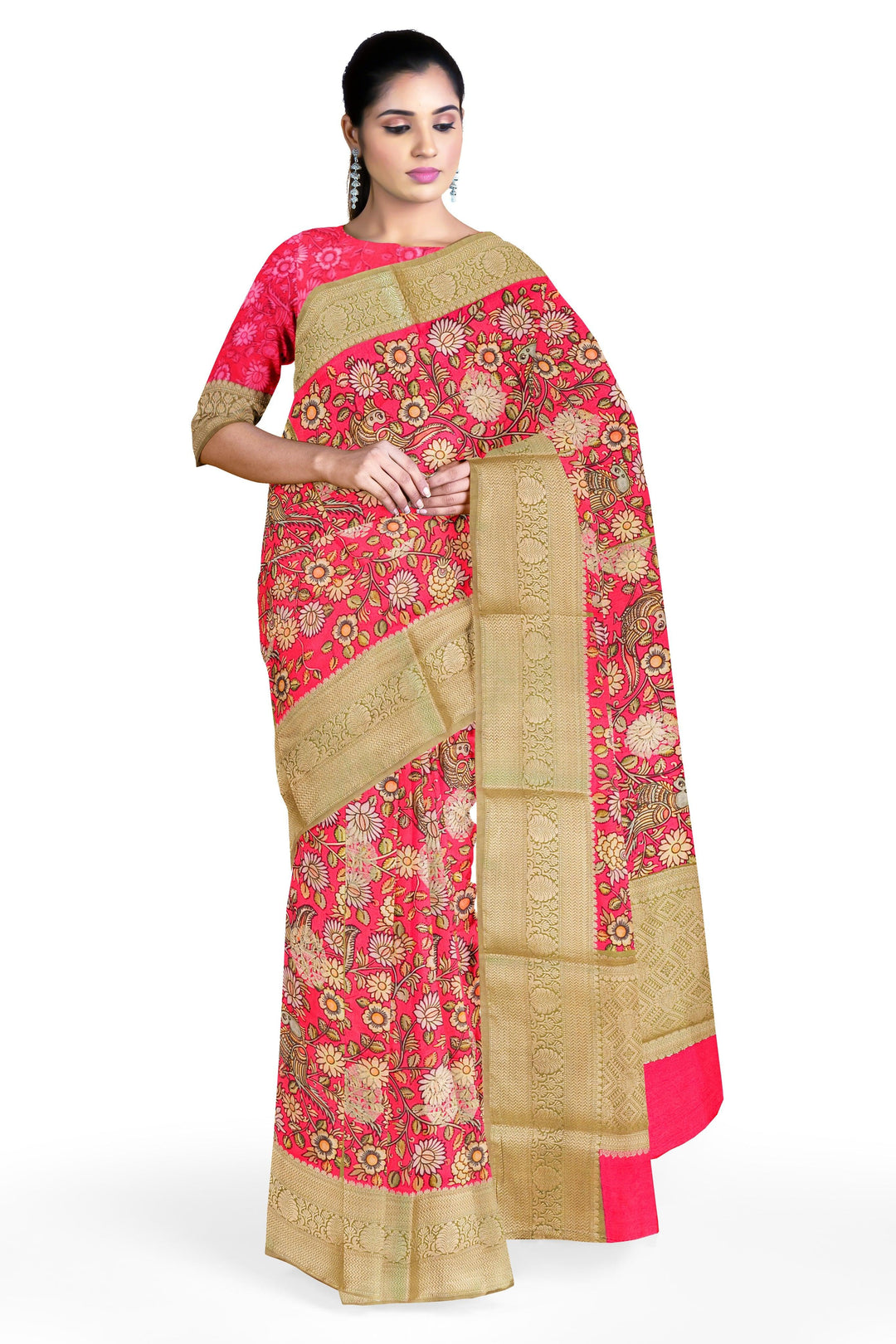 WILD BERRY BLENDED MUNGA DIGITAL PRINT KALAMKARI SAREE - ATHARVA