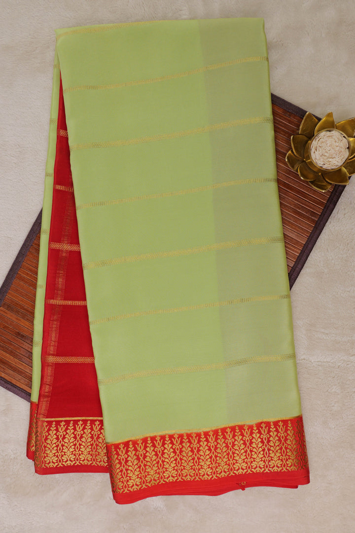 Gold Stripes Mysore Silk Sarees in Green with Red and Gold Border