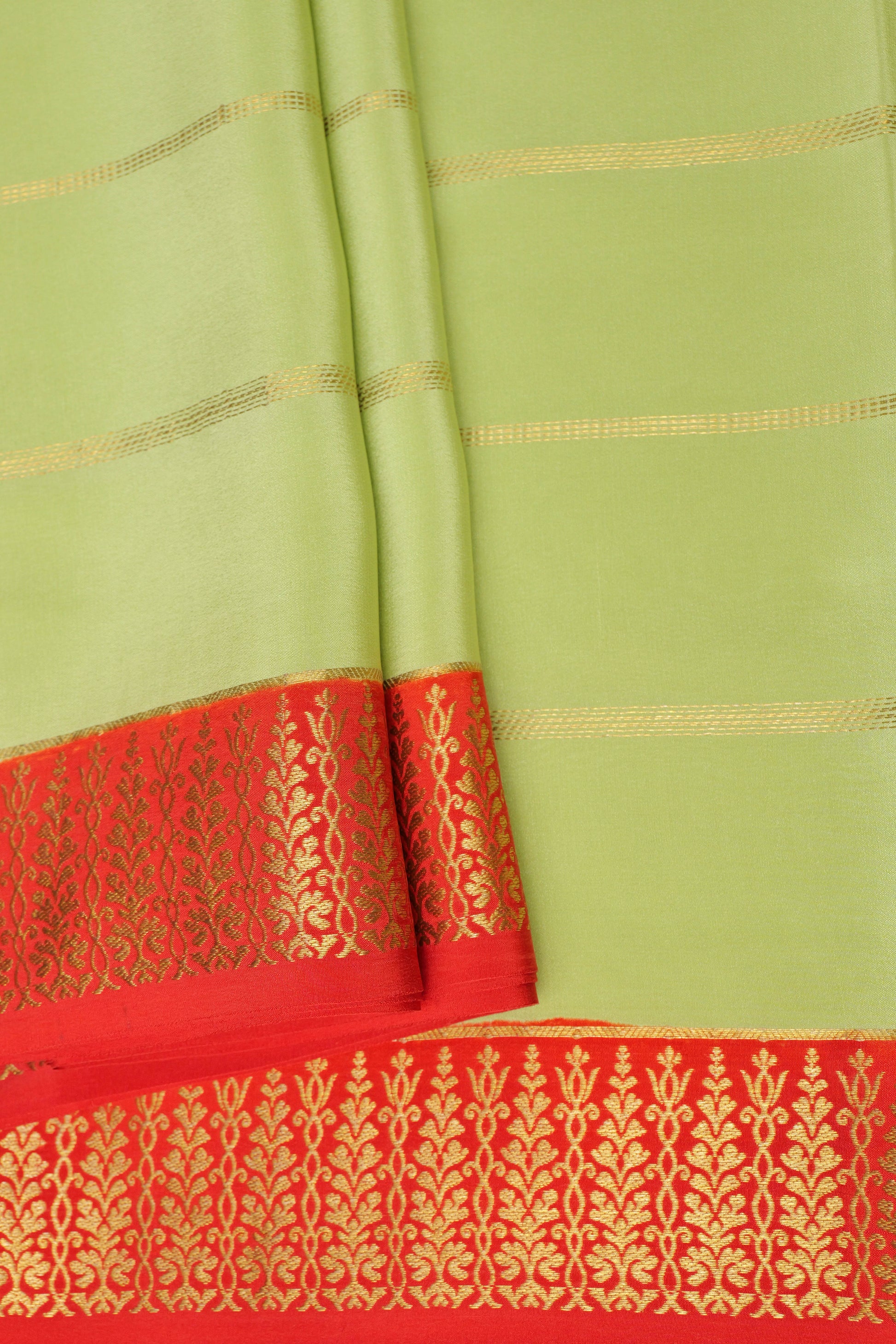 Gold Stripes Mysore Silk Sarees in Light Green with Red and Gold Border